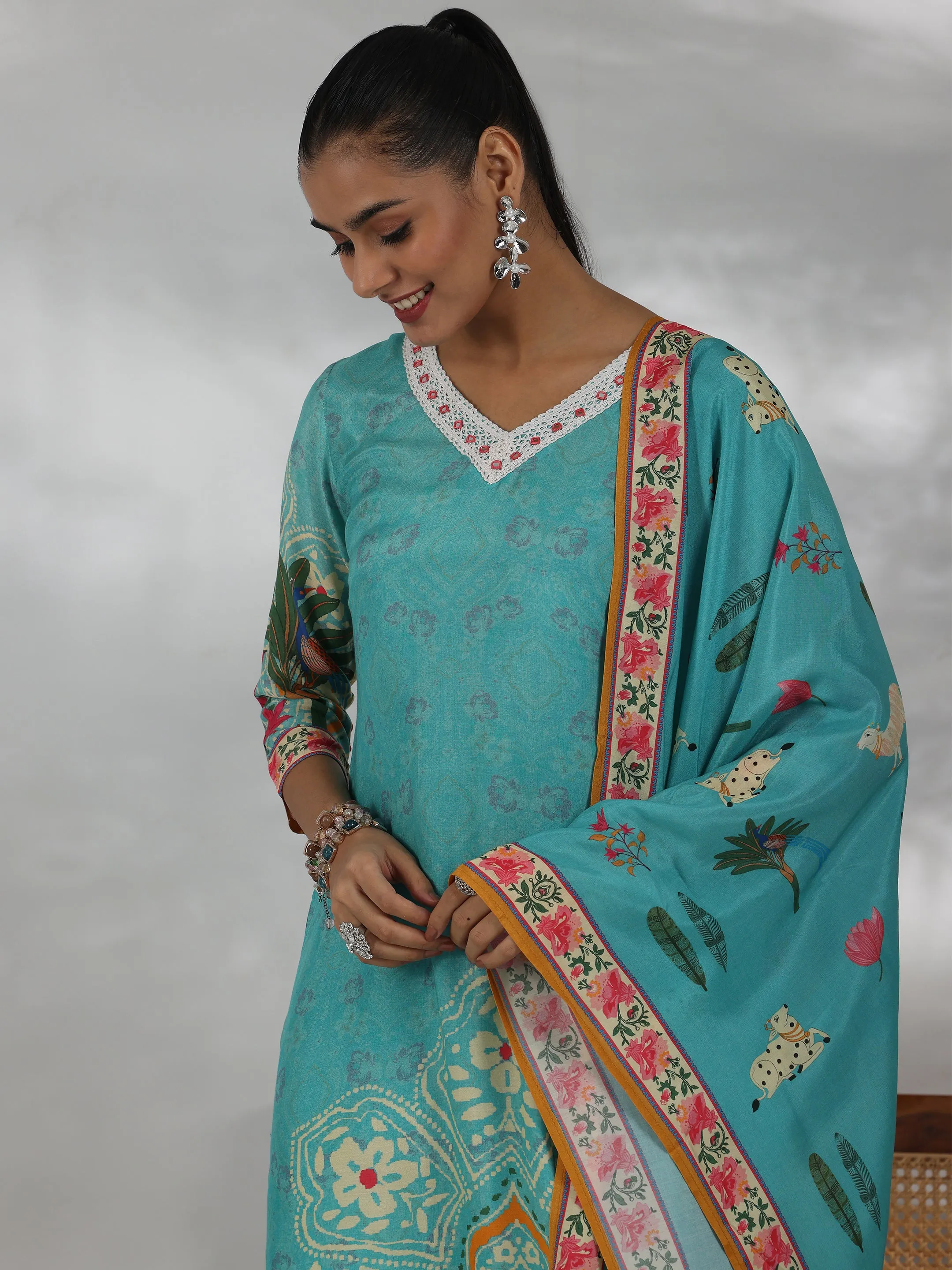 Turquoise Printed Cotton Blend Straight Suit With Dupatta