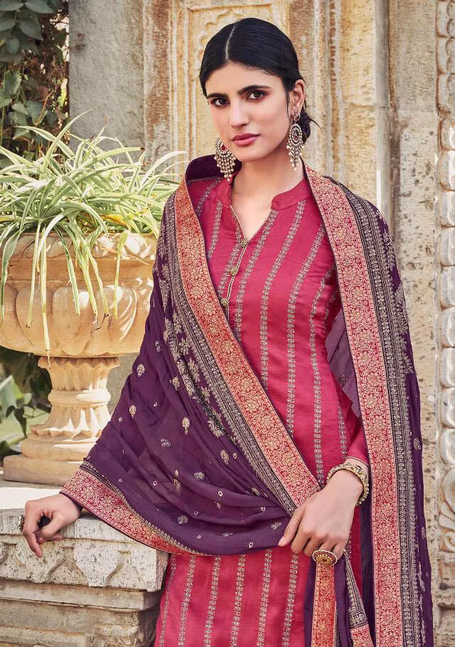 Unstitched Chinon With Heavy Embroidery Work Red Dress Suit Material