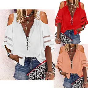 V-neck Zip-up Half-flare Sleeve Tops