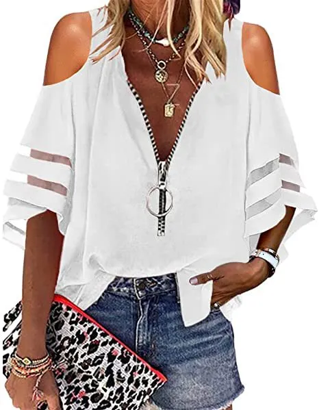 V-neck Zip-up Half-flare Sleeve Tops