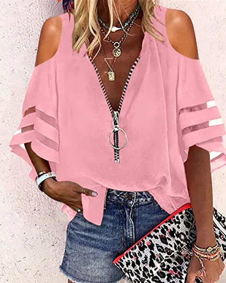 V-neck Zip-up Half-flare Sleeve Tops