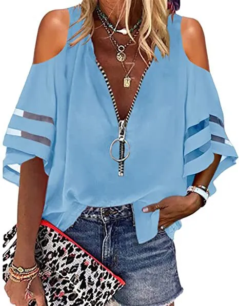 V-neck Zip-up Half-flare Sleeve Tops