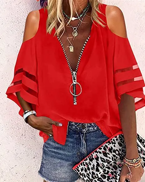V-neck Zip-up Half-flare Sleeve Tops