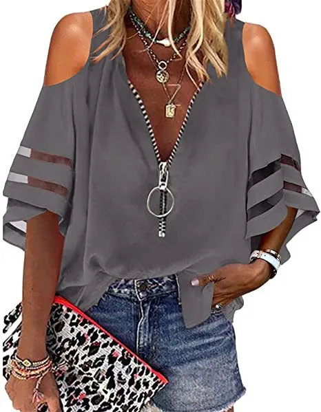 V-neck Zip-up Half-flare Sleeve Tops