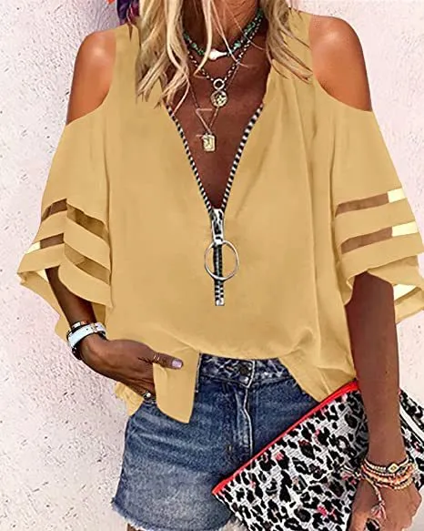 V-neck Zip-up Half-flare Sleeve Tops