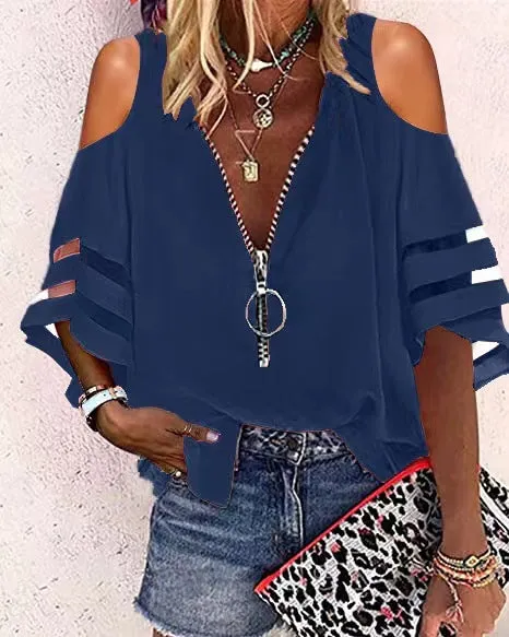 V-neck Zip-up Half-flare Sleeve Tops