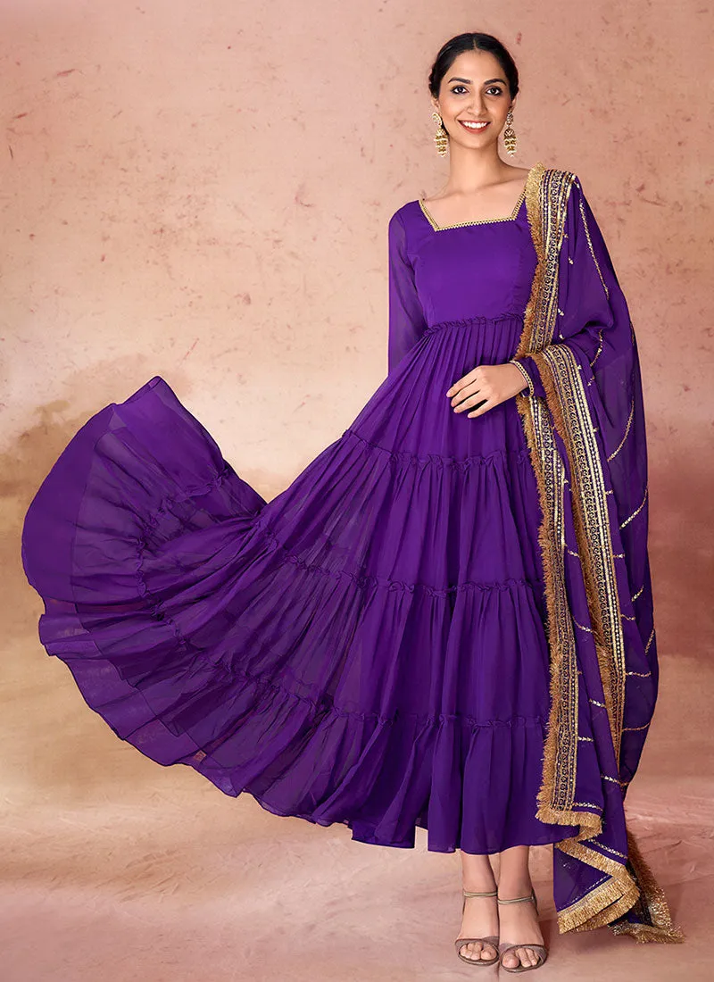 Violet Ruffled Anarkali Gown And Embroidered Dupatta