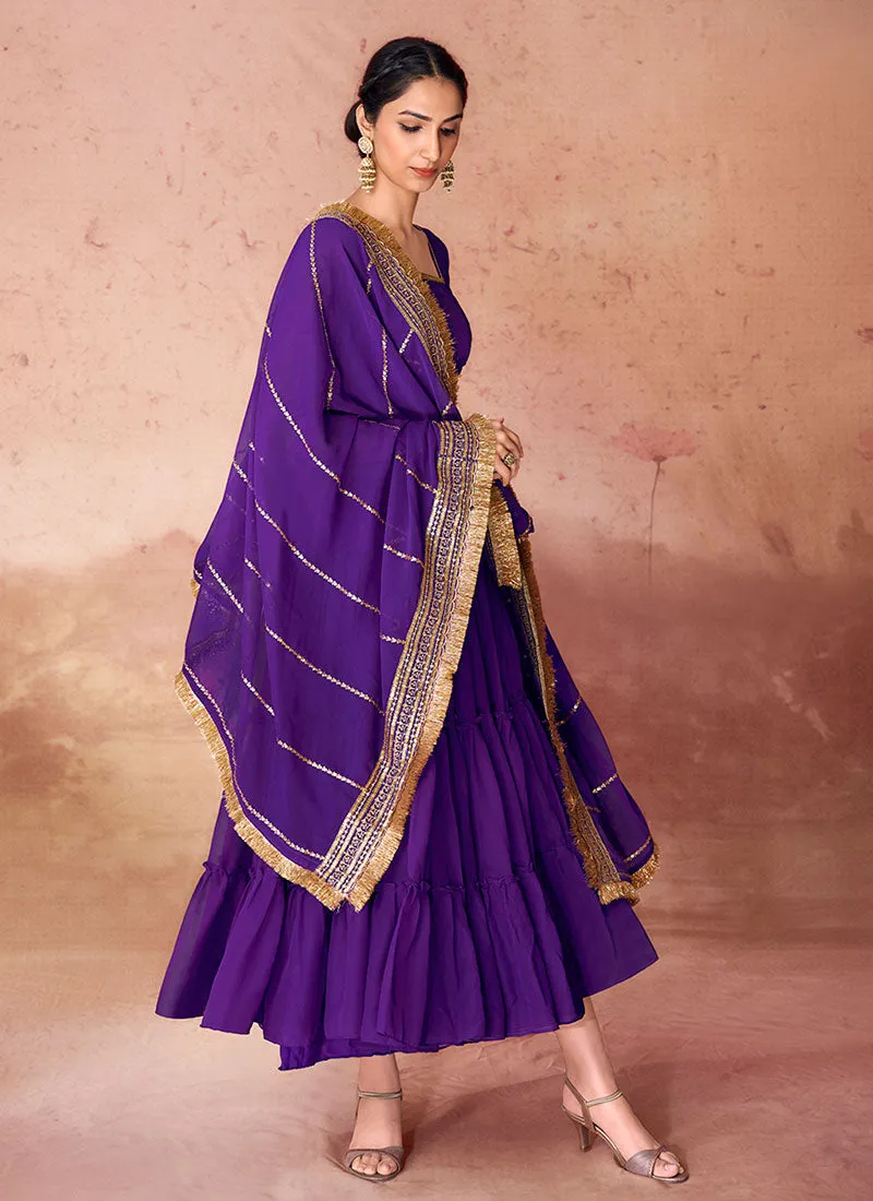 Violet Ruffled Anarkali Gown And Embroidered Dupatta