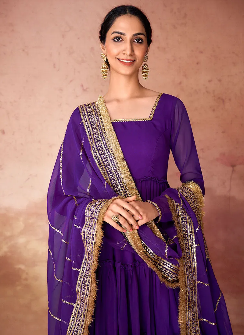 Violet Ruffled Anarkali Gown And Embroidered Dupatta