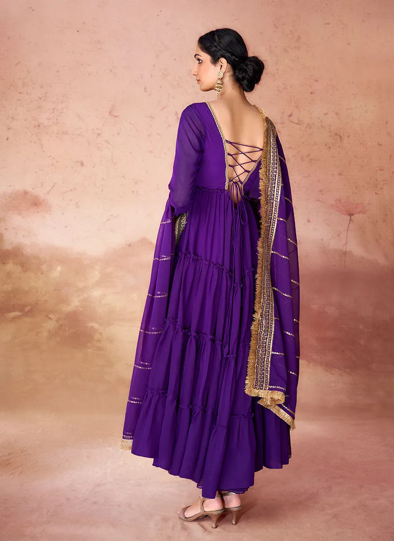 Violet Ruffled Anarkali Gown And Embroidered Dupatta