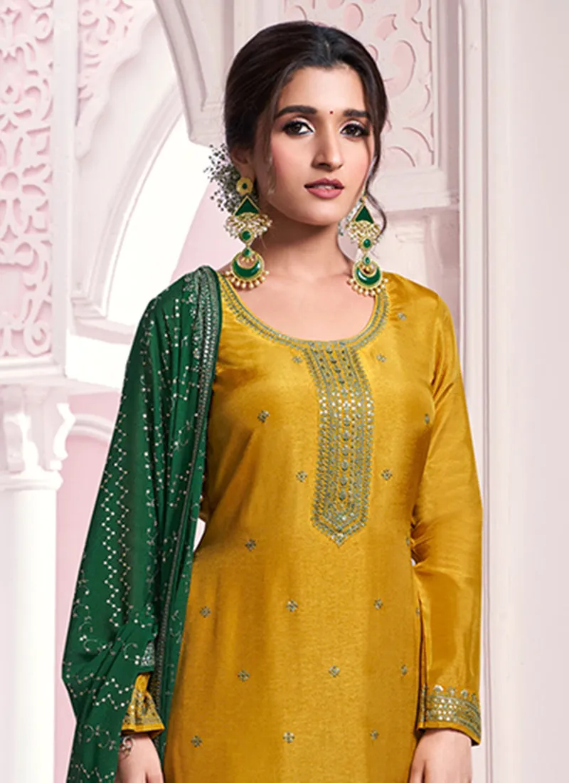 Yellow And Green Embroidery Pakistani Pant Suit