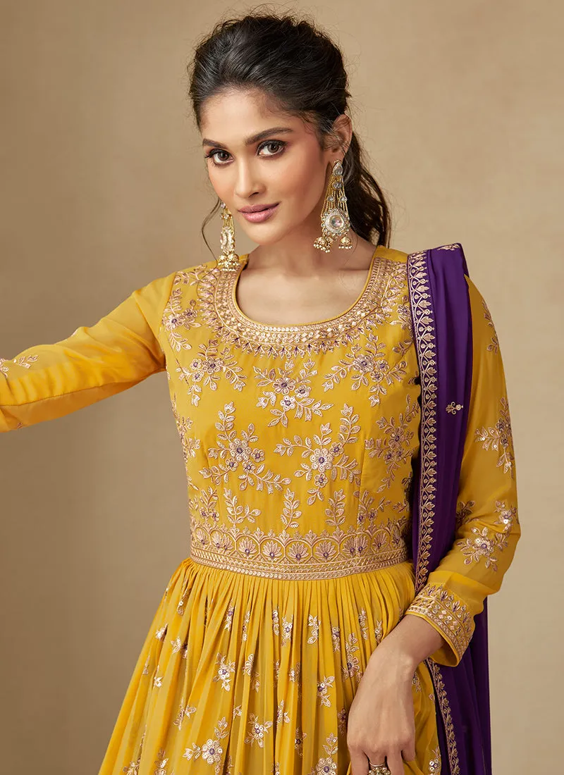 Yellow And Purple Embroidery Wedding Anarkali Lehenga