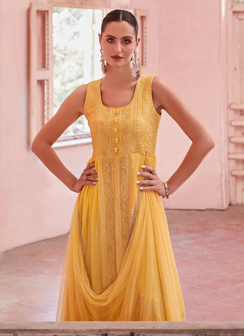 Yellow Thread And Sequence Embroidery Slit Style Anarkali Pant Suit