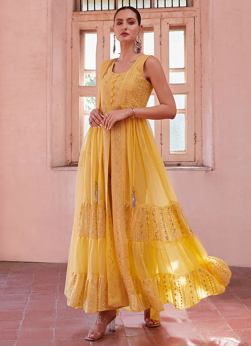 Yellow Thread And Sequence Embroidery Slit Style Anarkali Pant Suit