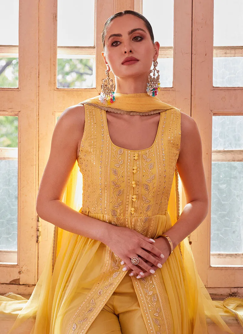 Yellow Thread And Sequence Embroidery Slit Style Anarkali Pant Suit