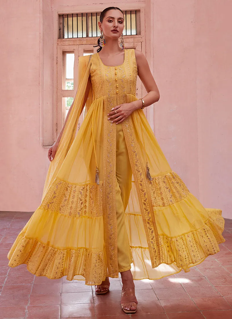 Yellow Thread And Sequence Embroidery Slit Style Anarkali Pant Suit