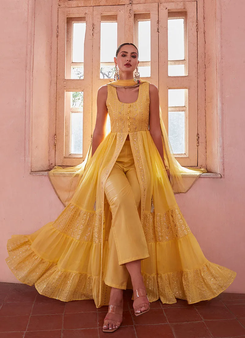 Yellow Thread And Sequence Embroidery Slit Style Anarkali Pant Suit