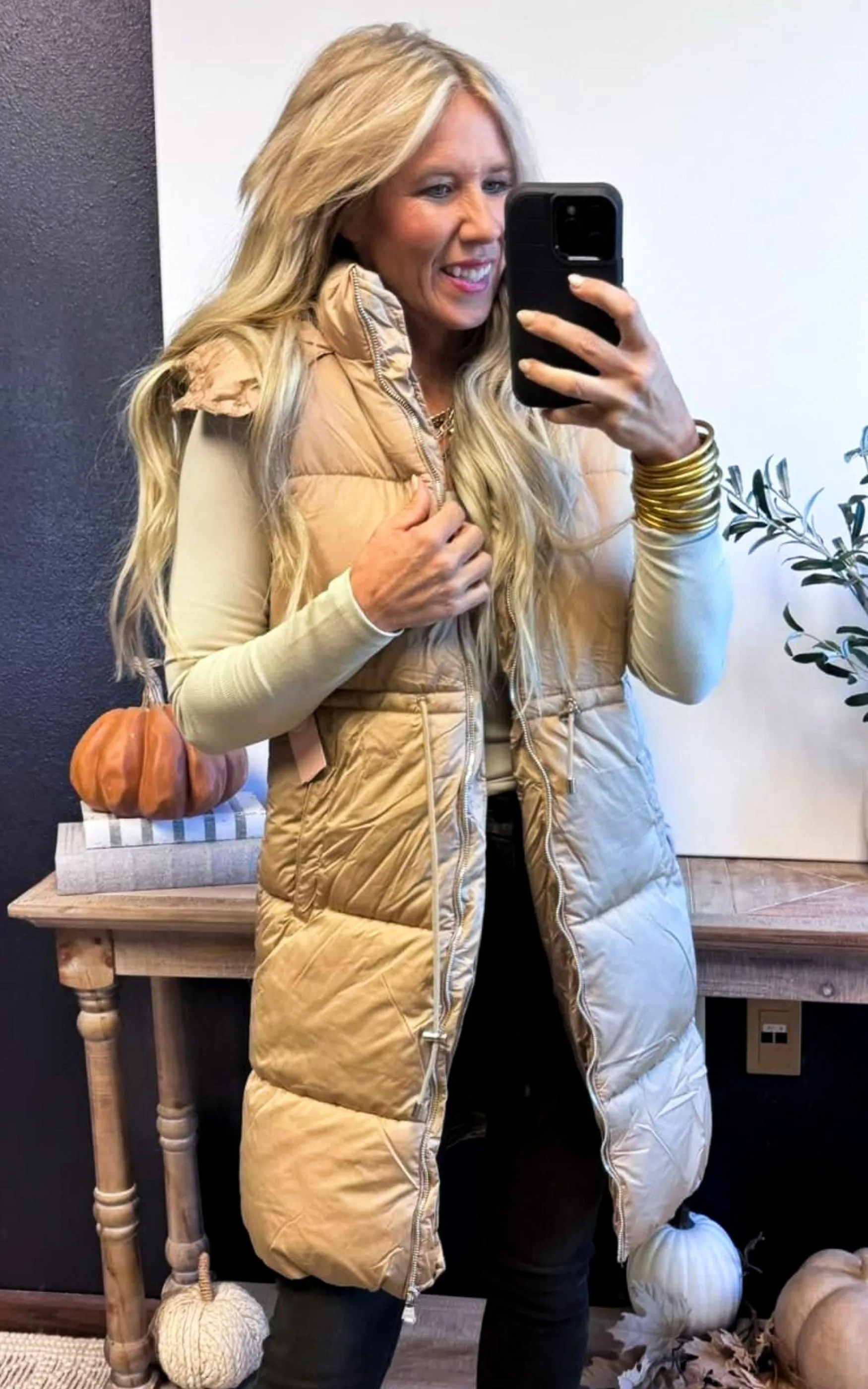 Zip-Up Puffer Hoodie Drawstring Vest Jacket